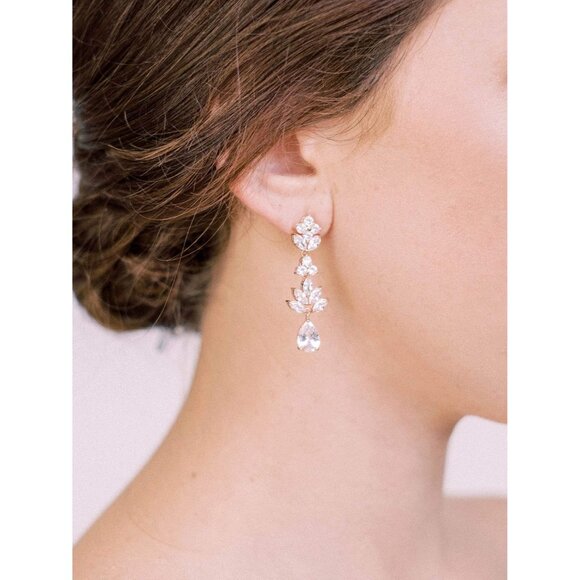 Women's Rose Gold Crystal Cubic Zirconia Bridal Drop Teardrop Wedding Earrings - Picture 4 of 7